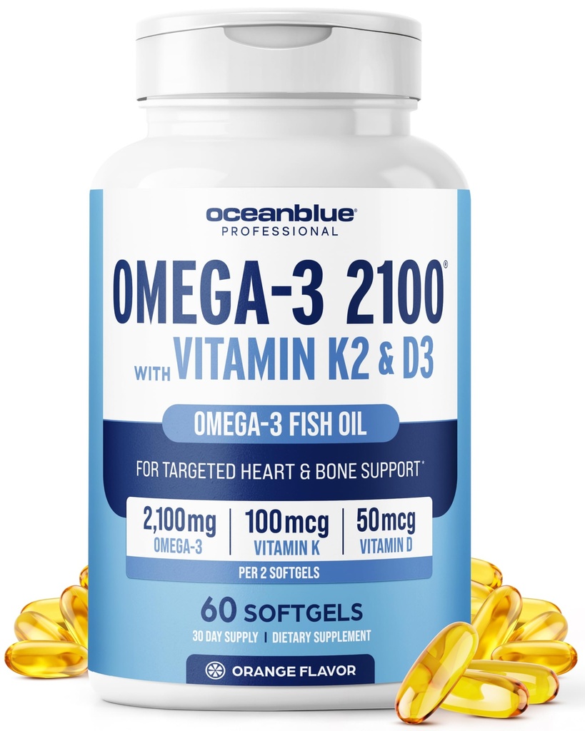 Oceanblue Professional Omega-3 2100 med vitamin K2 og vitamin D3-60 greve - Trippel styrke Burpless Fish Oil Omega-3 Supplement med EPA, DHA & DPA - Wild Caught - Orange Flavor, 30 Serveringer