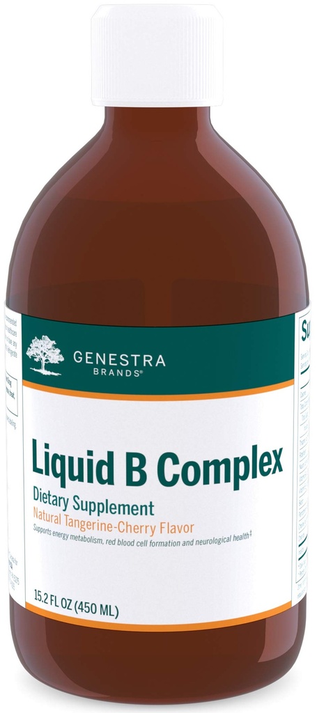 Genestra merker flytende B kompleks | bredspektrum B-vitamin kompleks å støtte energimetabolisme, rød blodcelle formasjon, og nevrologisk helse | 15,2 fl oz | Naturlig Tangerin-Cherry Flavor