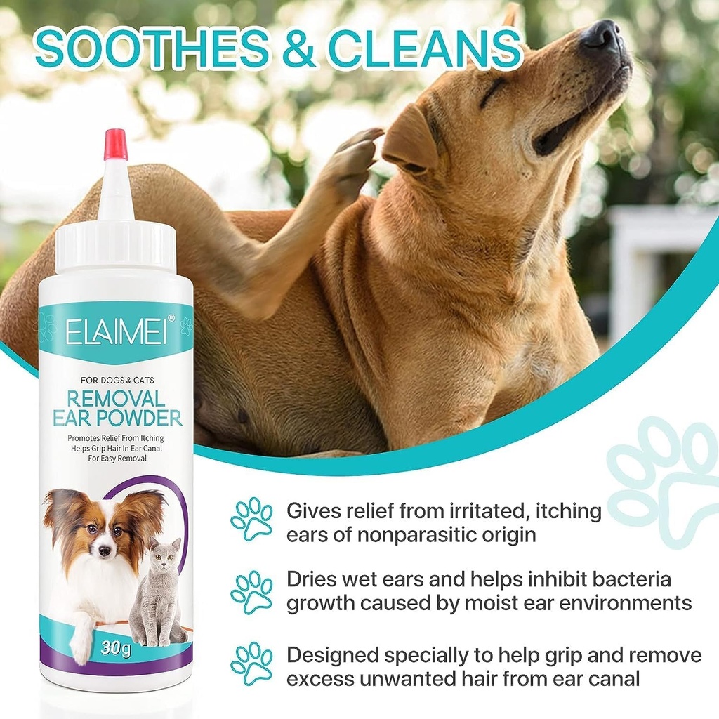 Hund ører, ørevask for hunder og katter, hundeøre hårfjerning pulver, kjæledyr ører infeksjon behandling, effektivt fjerner Debras, voksig, oppbygging og ører Odor, soothes kløe og inflamert ører