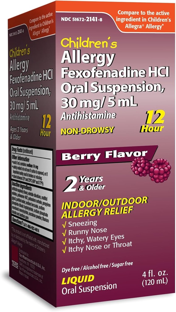 TARO Barns 12HR Allergi Relief Ikke-drowsy Antihistamin væske, Berry Flavor, alkoholfri, Dye-fri og sukkerfri, Fexofenadin HCl (4 oz)