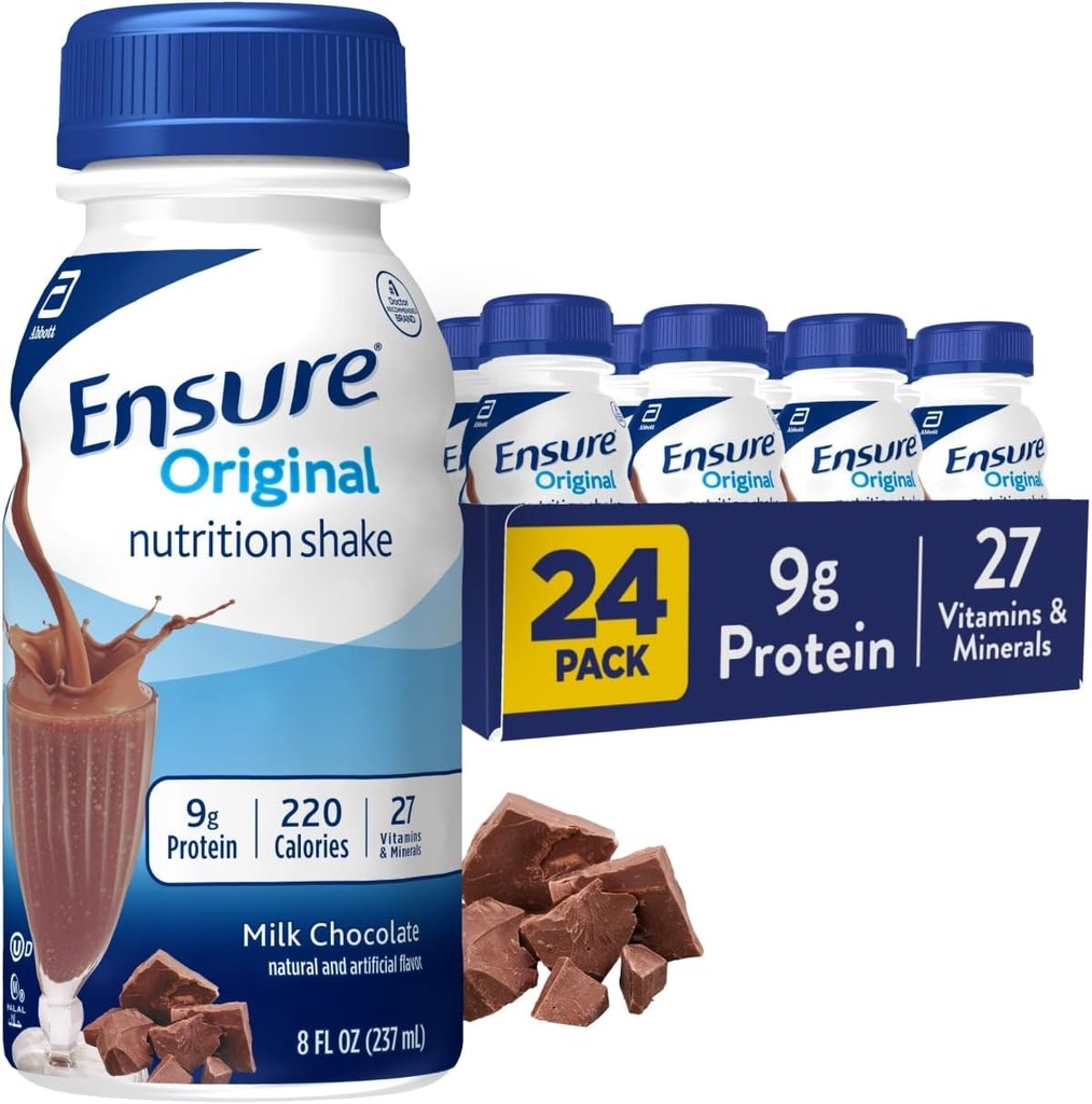 Sikre Original Melk Sjokolade Ernæringshake | Småmåltid Ernæringshake | Klar til å drikke | 9g Protein, 27 vitaminer og mineraler | 8 fl oz - 24 Pack