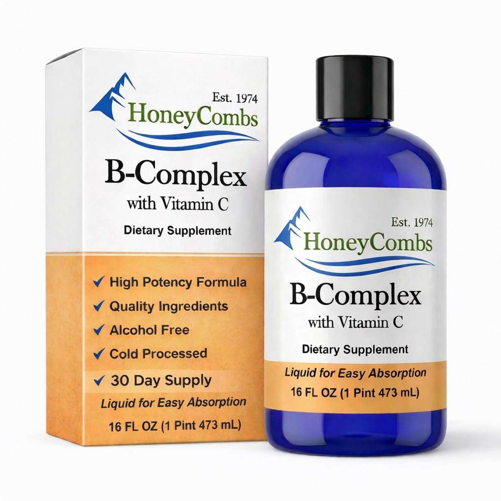 HoneyCombs Vitamin B Complex Drops - Flytende kosttilskudd med vitamin B1, B2, B3, B5, B6, B7, B9, B12 og vitamin C - Super B kompleks vitaminer - alkoholfri flytende vitamin Supplement, 16 Fl Oz.