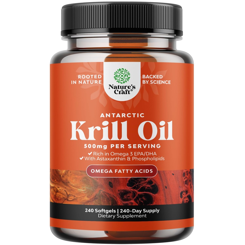 Antarctic Krill Oil 500mg Softgels - Omega 3 Krill Oil Supplement med EPA DHA & Astaxanthin for hjerneledd & hjerte - 3rd Party Lab Testet Ingen Gluten GMOs eller Fishy Aftertaste (opp til 8 måneders Supply)