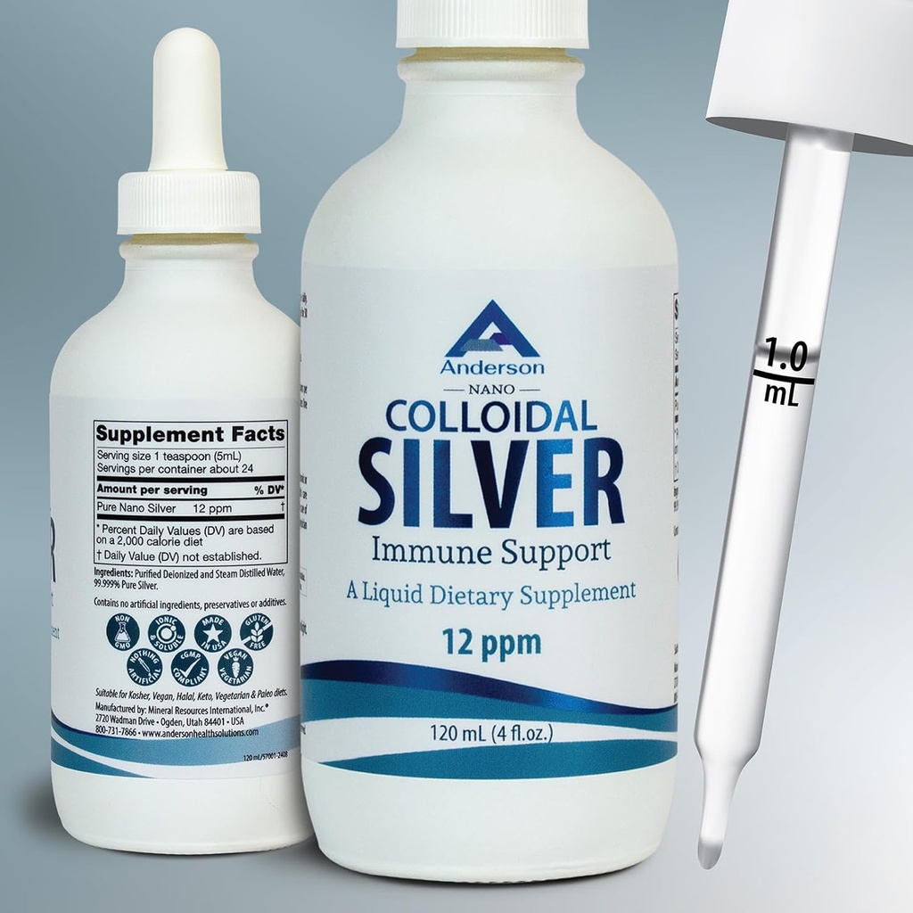 Nano Colloidal Silver væske for immunstøtte, 12 PPM Deionisert sølv, 4 Oz glassflaske med måleslipper, 24 serveringer