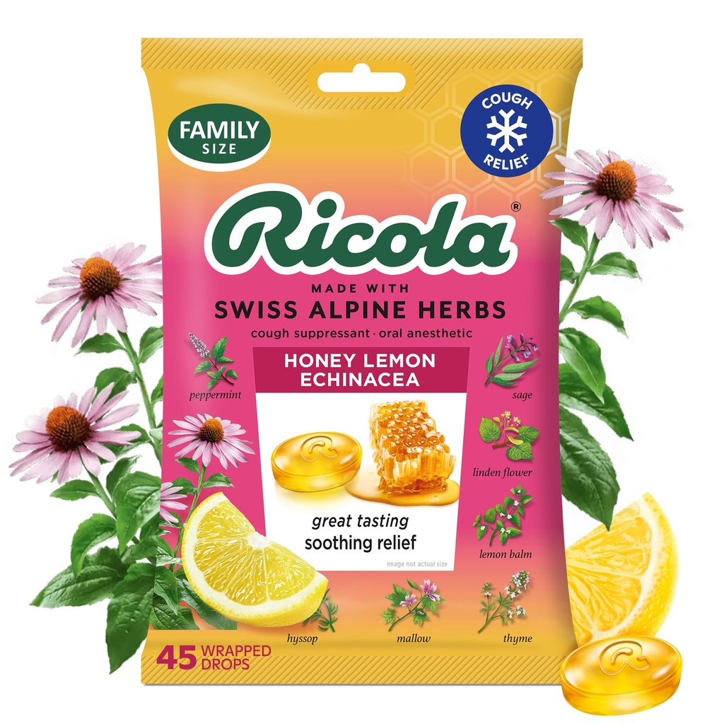 Ricola Honning sitron med Echinacea Cough drops, 45 greve, Delicious Throat Relief & Care, oral anestetisk, naturlig flavored