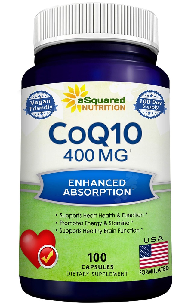 aSquared Nutrition CoQ10 (400mg Max styrke, 100 Veggie kapsler) - høy absorpsjon Coenzym Q10 pulver - Ubiquinon Supplement piller, ekstra antioksidant CO Q-10 Enzyme vitamin tabletter, Coq 10 400 mg