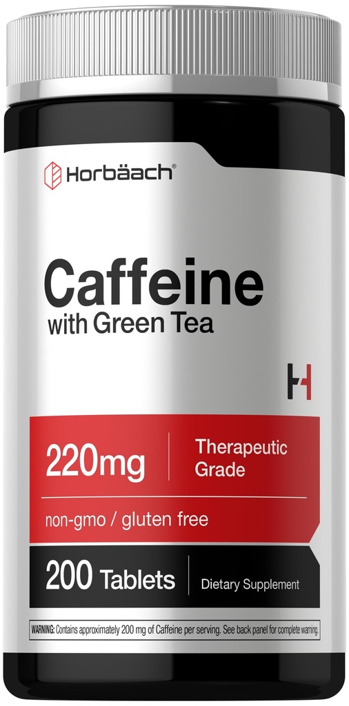 Horbäach Koffein piller 200mg | med grønn te | 200 tabletter | vegetarisk, ikke-GMO og glutenfri