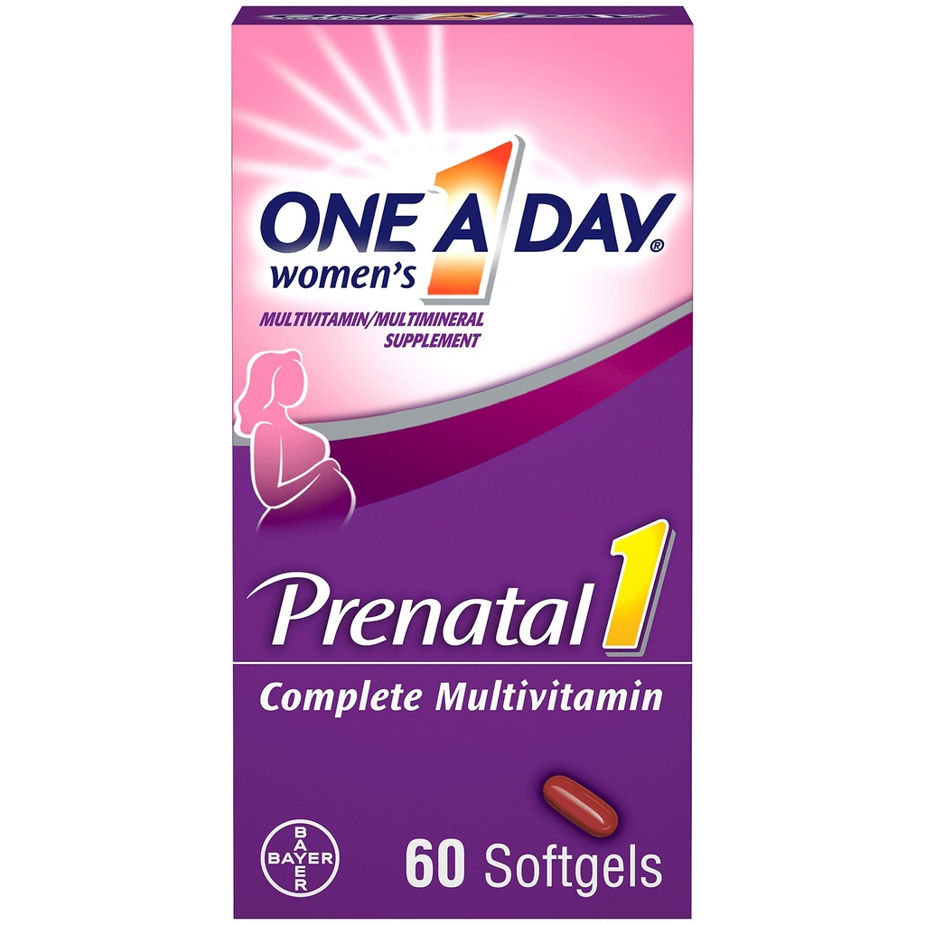 En dag kvinners prenatal 1 multivitamin inkludert vitamin A, vitamin C, vitamin D, vitamin B6, B12, jern, omega-3 DHA og mer, tablett, softgels, 60 greve - Supplement for før, under, & post graviditet