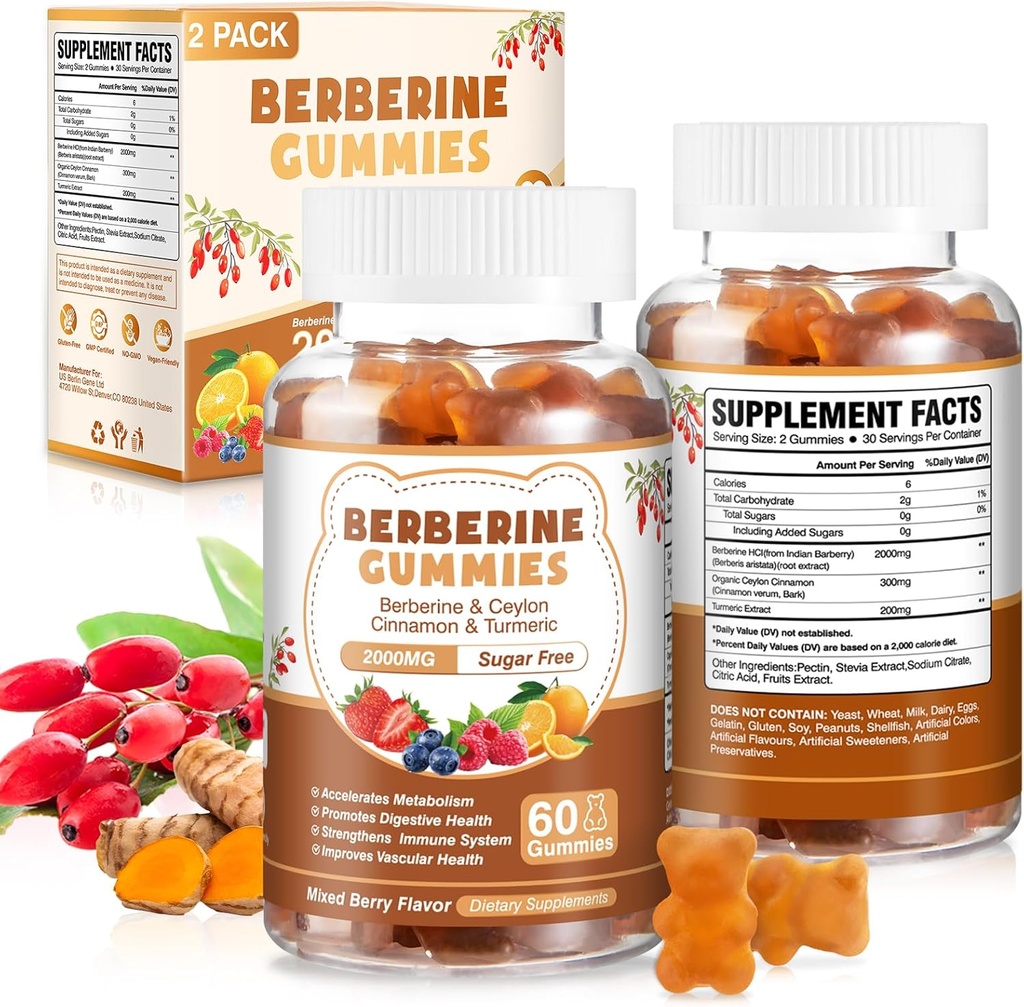 120 grev Berberine ekstrakt Gummies 2000mg naturlig organisk Berberine ekstrakt HCI Supplement med ceylon kanel gummi for kvinner støtte digestive immunsystem metabolisme blandede berry flavor