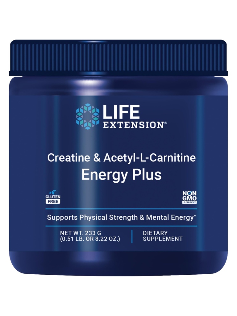 Livsforlengelse Kreatin Acetyl-L-Carnitine Energy Plus, Energistøtte Supplement, kreatinmonohydrat, Acetyl-L-karnitin, Glutenfri, Ikke-GMO, Vegetarisk, 30 Services