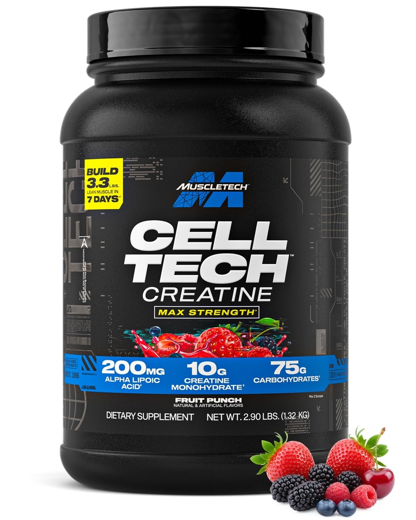 MuscleTech Kreatin Monohydrat Powder Cell-Tech Creatine Post Trening Recovery Drink Muskel Builder For menn og kvinner Muskelbygging Kosttilskudd Frukt Punch, 3 lbs (27 Serv)