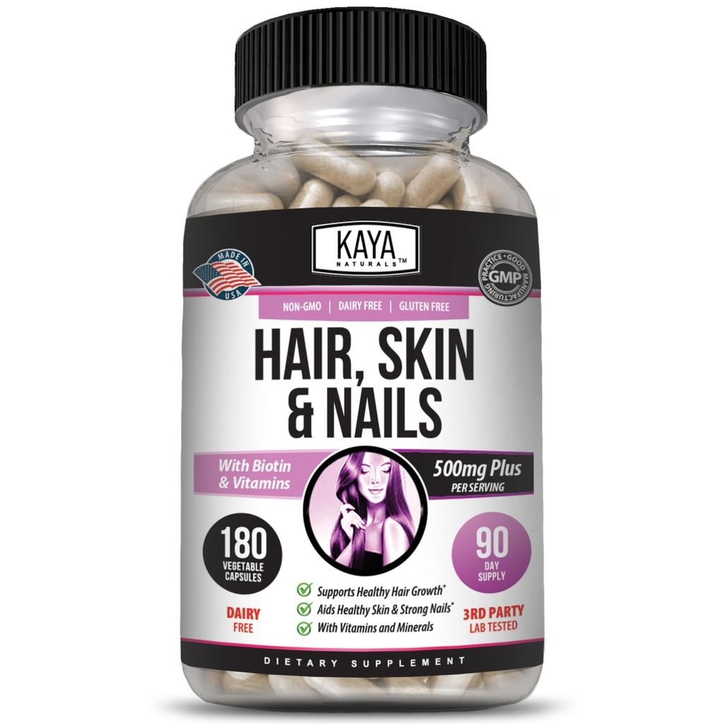 Kaya Naturals Hår Hud Nagle Kapsler BIOTIN Vitamin D Vitamin B-12 En Folsyre Støtte, Håret støtte Vitamin Supplement - 180 Telling