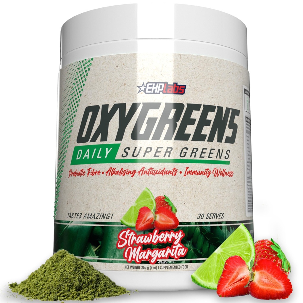 EHP Labs OxyGreens Super Greens pulver - Spirulina & Chlorella Superfood, Grønn Juice pulver & Grønn Kosttilskudd med Prebiotiske Fiber, Antioksidanter og immunitetsstøtte, 30 Serverer (Strawb. Margarita)