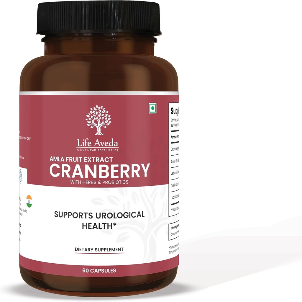 Liv Aveda Cranberry & Amla Fruit Extract Supplement med 3 milliarder CFU Probiotika | Støtter Bladder, Nyre & Urin Tract Helse | Antioksidant og Detox støtte | 60 kapsler (2 måneders forsyning)