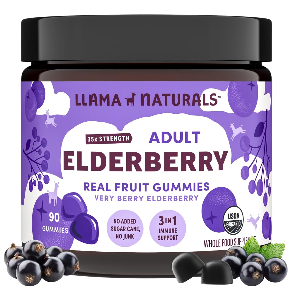 Llama Naturals Elderberry Gummies for voksne, Vegansk, Organic Immune Support Supplement med vitamin C og sink, ekte frukt Gummy Vitaminer for immunitet, Chewable, Ingen lagt sukkerrør, 90 Ct