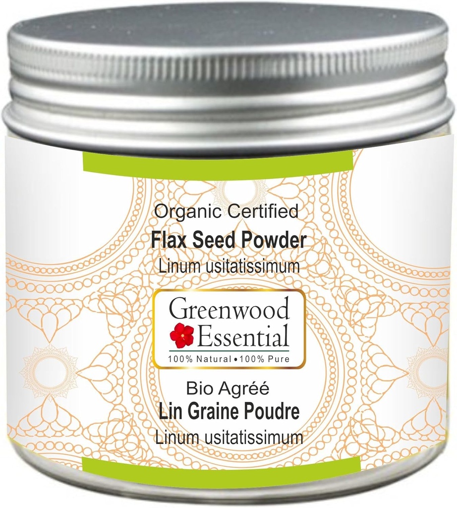Grønn tre essensielt ren flammefrøpulver (Linum usitatissimum) Økologisk sertifisert 100gm (3.5 oz)
