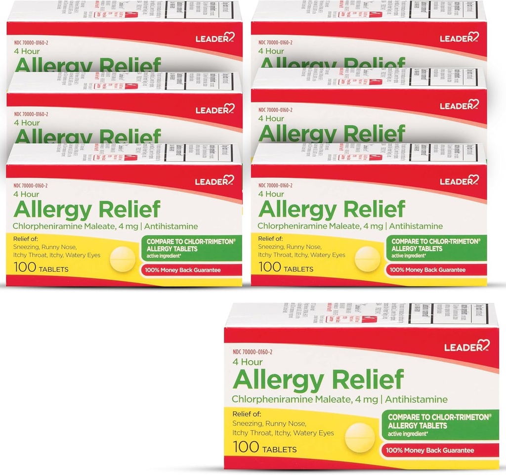 Leder 4 timer Allergi Relief, klorfeniraminmaleattabletter, antihistaminer, 4 mg, 100 greve (pakke på 6)