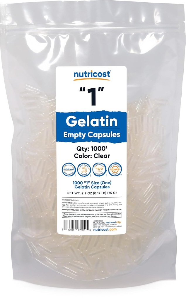 Nutricost Tom Capsules Gelatin Størrelse 1-1000 Clear Tom '1' Gel Capsules - Kosher, Ikke-GMO, Soja Gratis, Glutenfri