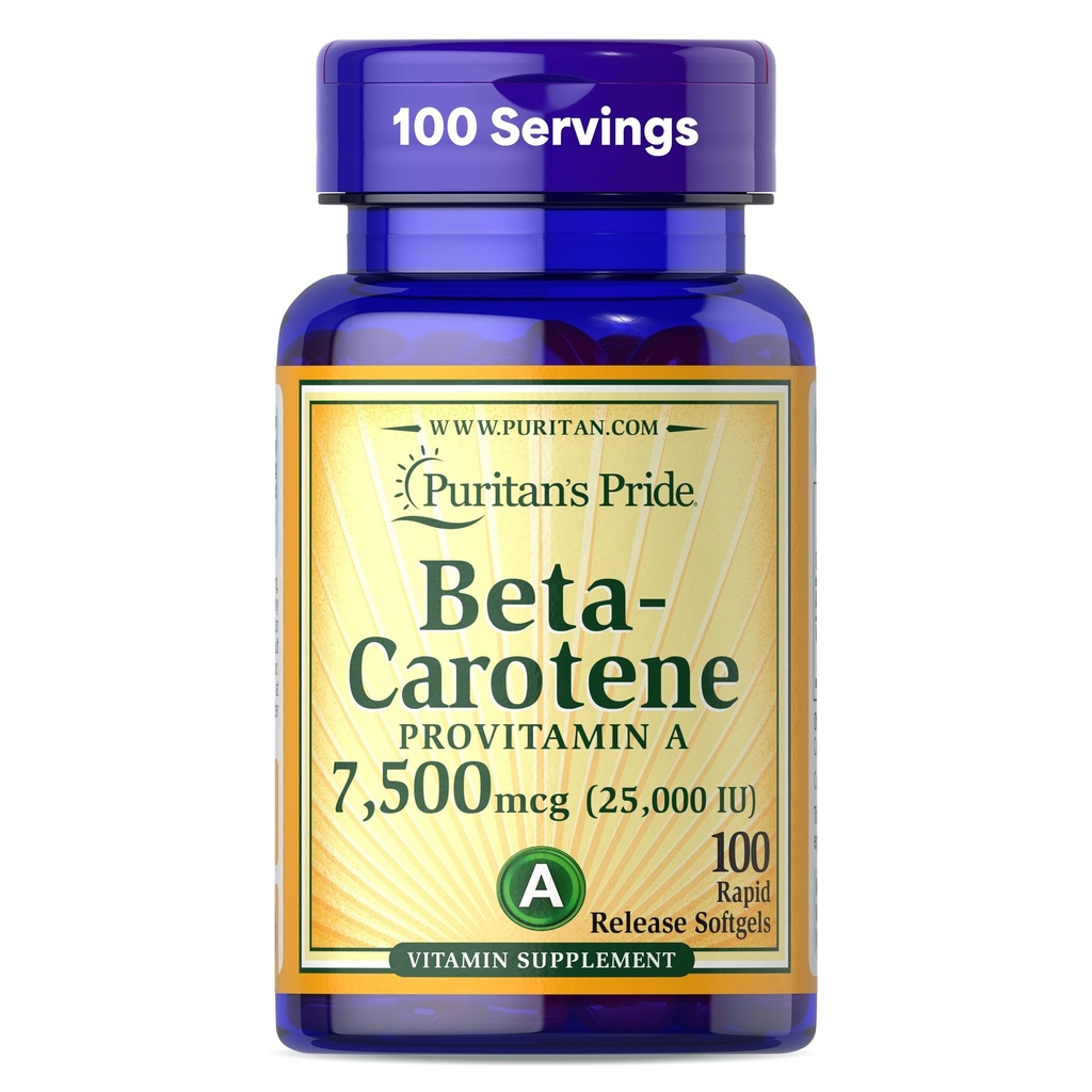 Puritans Pride Beta Carotene Provitamin En 7500mcg (25.000 IE), vitamintilskudd for immunsystem, antioksidant og øyehelse støtte, 100 dagers forsyning, 100 Rapid Release Softgels