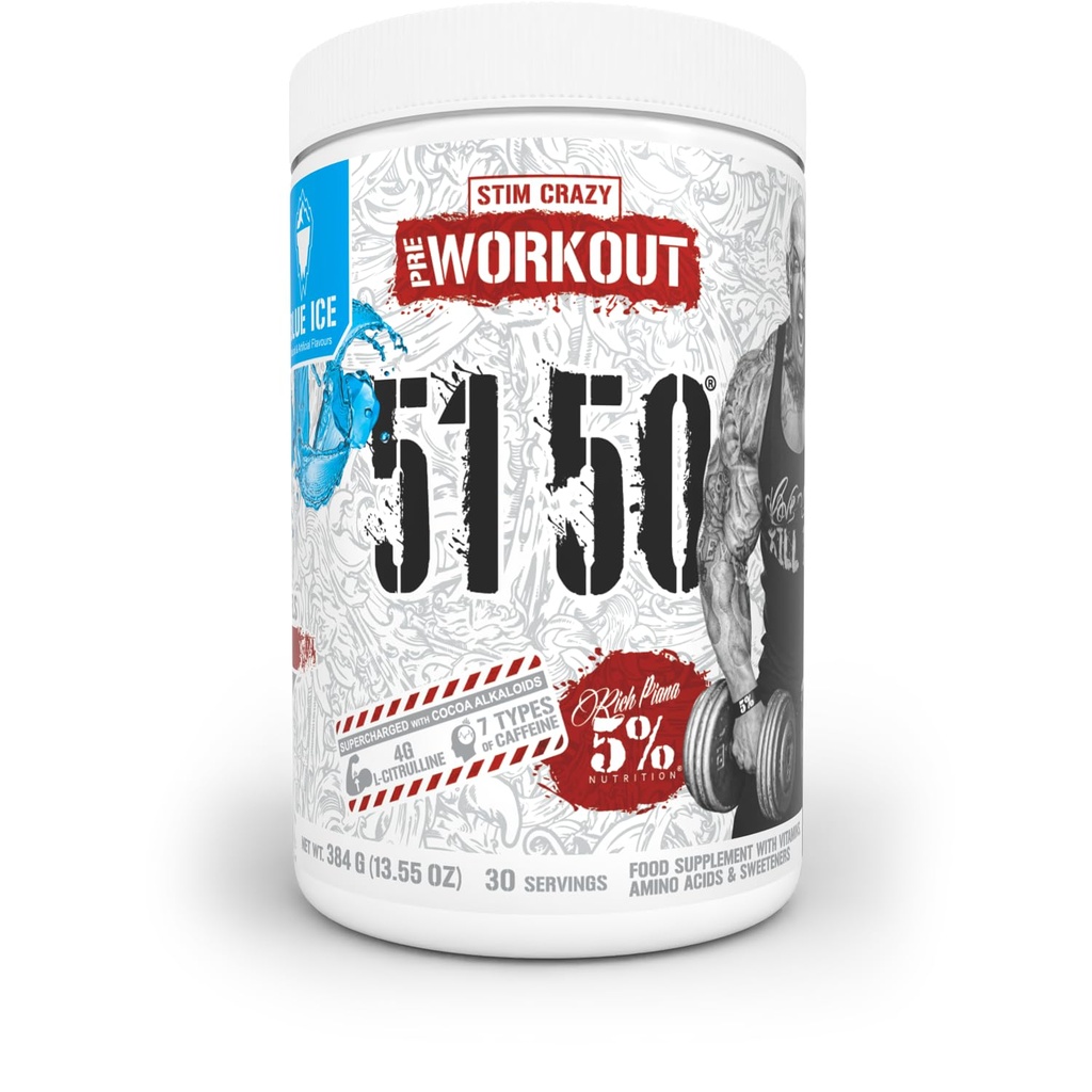 5% Ernæring Rich Piana 5150 høy stimul pre-workout pulver | Ekstrem energi, fokus, pumper og utholdenhet | 400 mg koffein, citrullin, Beta alinine, N-acetyl L-tyrosin | 30 Srvgs (Blue Ice)