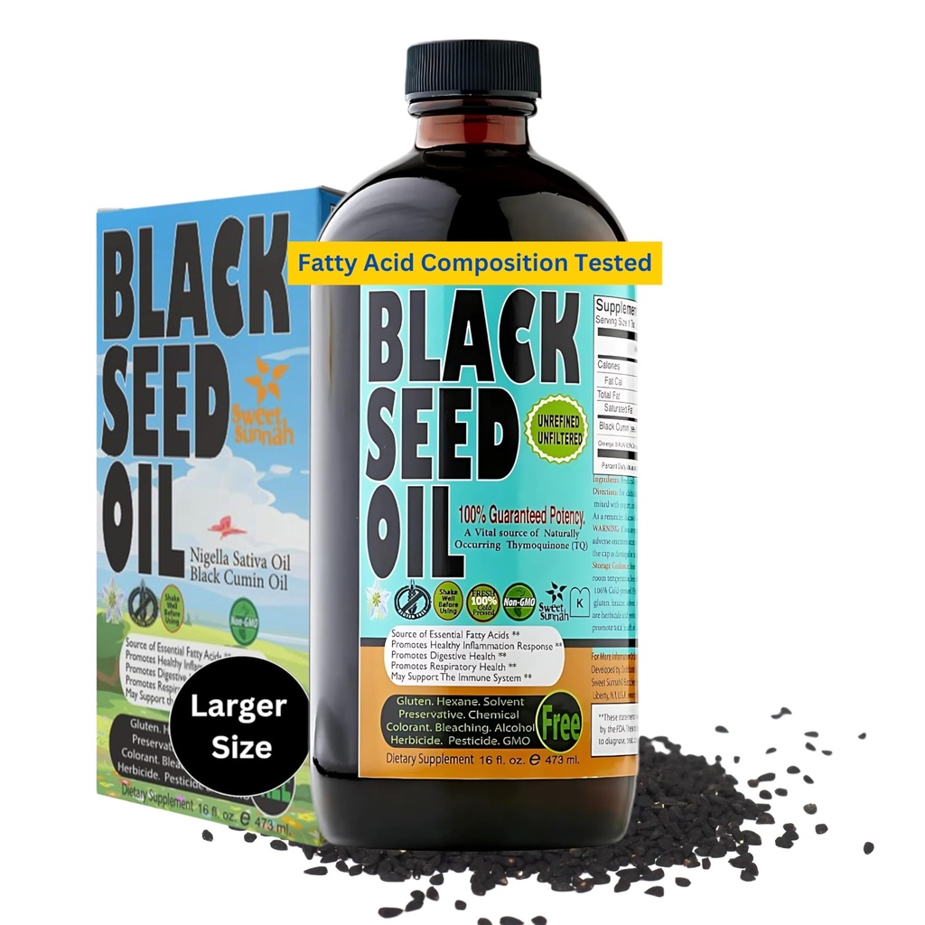 Premium Black Seed olje væske 16 oz - sukker gratis 3 måneders forsyning Antioksidant tyrkisk svart cumin frø olje - 3X Thymoquinon First Cold Press Vegan, Halal, Søt Sunnah