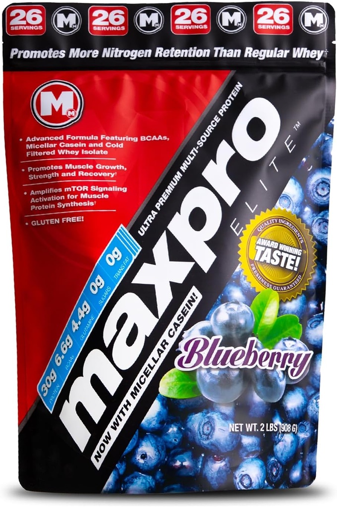 Max Muscle Maxpro Elite Whey Protein pulver | 30g Protein | 0g Sukker | 6,6g BCAA | Micellar Casein Kald filtrert Whey Isolate Protein | Fremmer muskelvekst og gjenoppretting (Blåbær, 2lb)