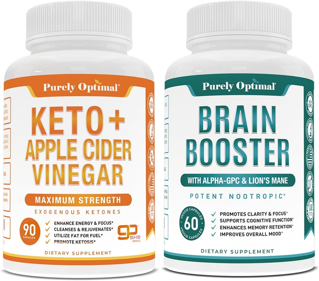Purely Optimal Premium Keto piller + Apple Cider Vinegar kapsler med mor + Premium Brain Supplement - Nootropic Brain Booster for fokus, klarhet, forbedret minne, konsentrasjon og bedre humør