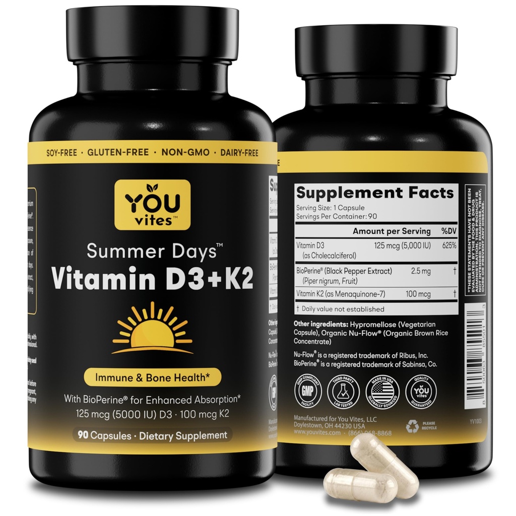 Vitamin D3 + K2 - Max absorpsjon, 5000 IU D3 & 100 mg K2 MK-7 (Menaquinon-7) med BioPerine - Bein, hjerte og immunstøtte - ikke-GMO, Glutenfri, soyafri - 90 kapsler - Daglig tillegg