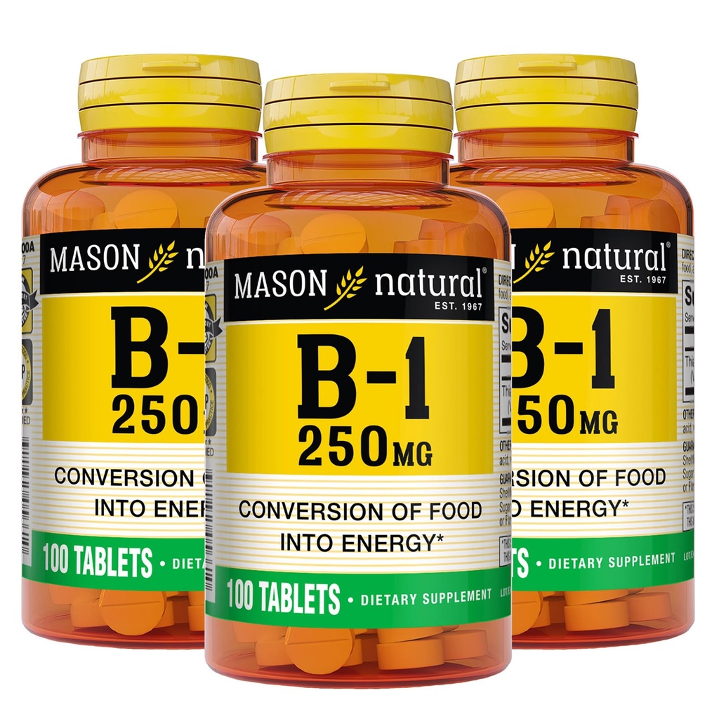 MASON NATURAL vitamin B1 Thiamin 250 mg, 300, dagsforsyning, kosttilskudd for å støtte naturlige energinivåer, 100 tabletter (pakke på 3)