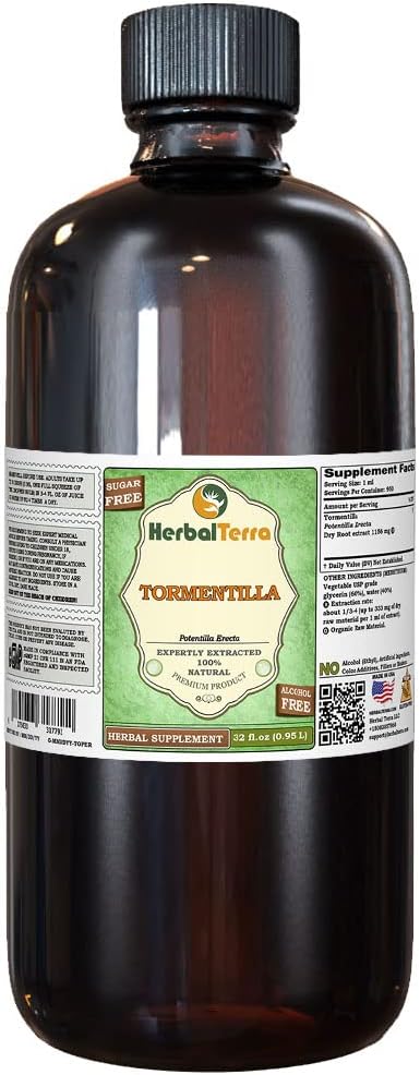 Tormentilla (Potentilla erecta) Glyceritt, tørket Roots alkohol-fri flytende ekstrakt (Brandnavn: HerbalTerra, stolt laget i USA) 32 fl.oz (0,95 l)