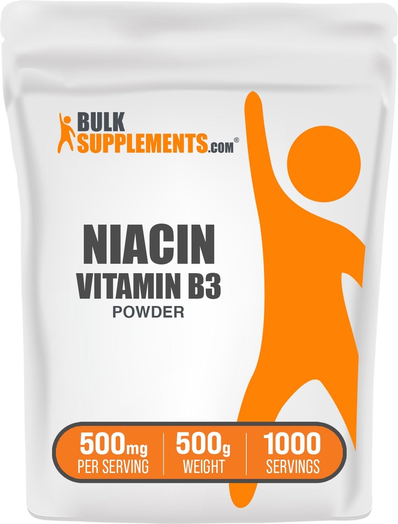BulkSupplements.com Niacin pulver - vitamin B3 Supplement, Niacin 500mg - Niacin Flush, Niacin med flushing - Glutenfri, 500mg Niacin per servering, 500g (1,1 lbs) (Pack of 1)