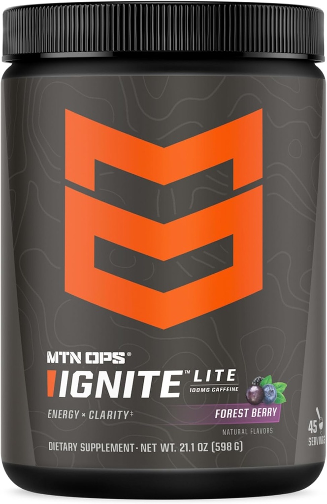 MTN OPS Ignite Lite Energi Drikkepulver Glutenfri Nitric Oxid Supplement Drikkeblanding, L Arginine, L Citrulline, Koffein & Nootropic Sukkerfri Drikkeblanding, 45 Serveringer, Skog Berry