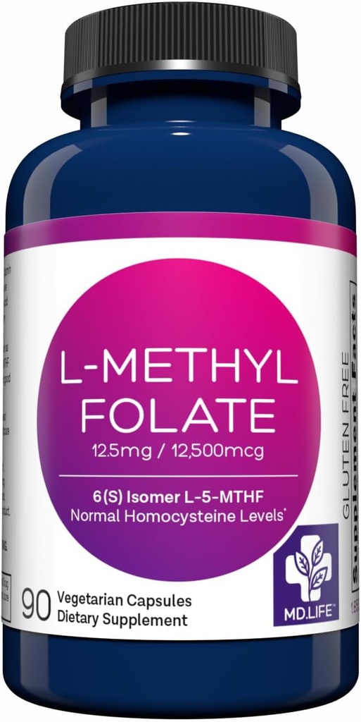 MD Life L Metylfolat 12,5mg - Profesjonell-Grade Active Metylfolat Supplement - Maksimal styrke MTHFR Kosttilskudd - L metylfolat 12,5 mg 90 kapsler - essensielle aminosyrer