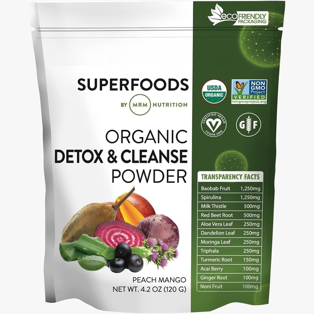 MRM Nutrition Organic Detox and Cleanse pulver | Peach Mango Flavored | Gentle Daily Detox | Superfoods | Antioksidanter + Klorofyll + Phycocyanin + Electrolytes | 15 serveringer