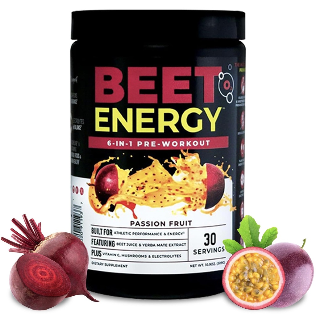 Nutrologi Beet Energi O2, Pre trening pulver, energi, utholdenhet og nitric oksid Booster med beet pulver, Yerba Mate, Adaptogens & Electrolytes, Vegansk pre trening, Passion frukt flavor, 30 serveringer