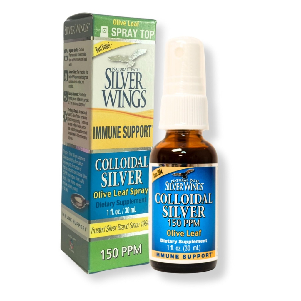 Naturlig Path Silver Wings Colloidal Silver 150ppm (750mcg) v/Olive Leaf - Immunstøtte Supplement - 1oz Spray