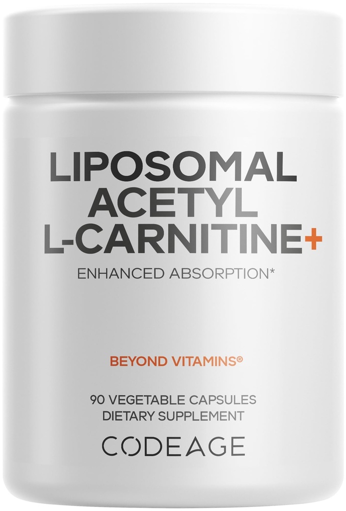 Codeage Liposomal Acetyl-L-Carnitine + Supplement - 500 mg Acetyl-L-Carnitine per servering - 3-måneders Supply, Liposomal Levering - Alcar Supplement - L-Carnitine - Ikke-GMO, Glutenfri, 90 kapsler