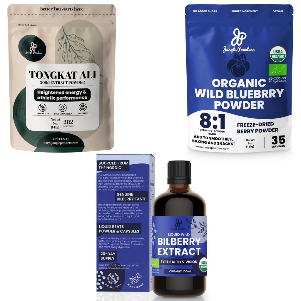 Jungle Powders Ultimate Menns helse og velvære Bundle: 5oz Tongkat Ali Powder, 5oz Wild Blueberry Powder & 3.4oz Organic Bilbær Liquid Extract - Premium kosttilskudd for kjøring, lidenskap, øyne