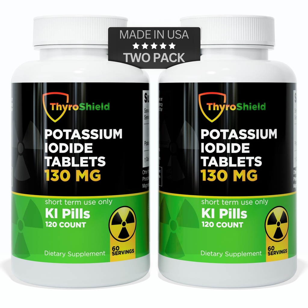 Kalium jodide-tabletter - 130 mg jodin-tabletter for stråling eksponering  USA USA laget kjernefysiske fallout piller KI piller YODO Naciente 120 tabletter (2 pakke)