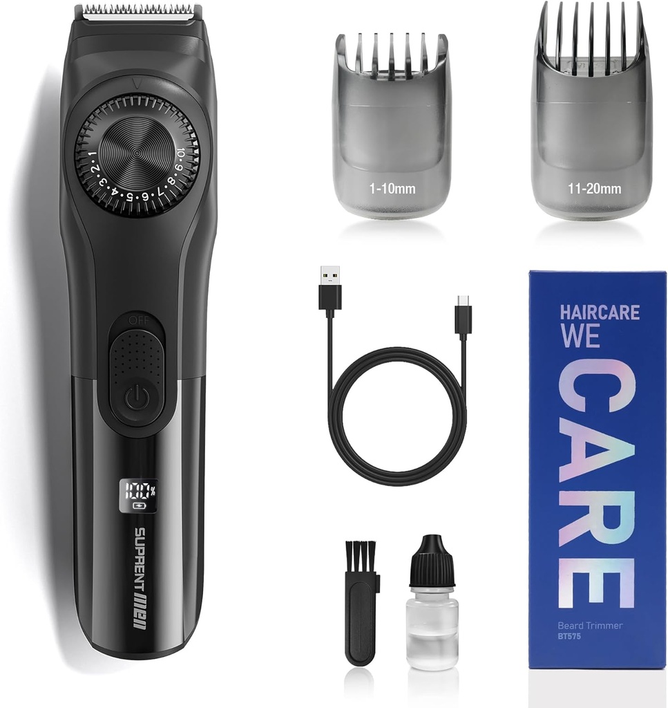 SUPRENT Justerbar Skjegg Trimmer for menn, Trådløs Elektrisk Skjegg Trimmer med presisjon Dial, USB Oppladbare 19 Lengdeinnstillinger Mustache Trimmer for Mens Gaver (svart)