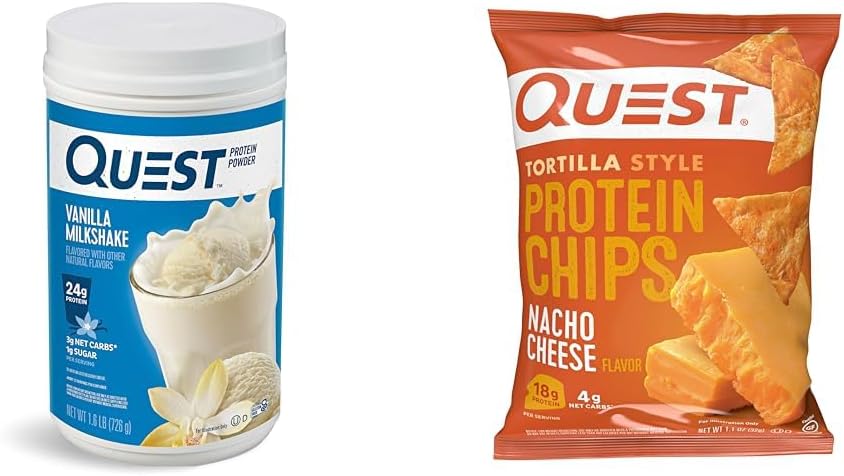 Quest Vanilla Milkshake Protein pulver, 24g Protein, 1.6lb + Quest Nacho Cheese Tortilla Style Protein Chips, 18g Protein, Pakke med 12