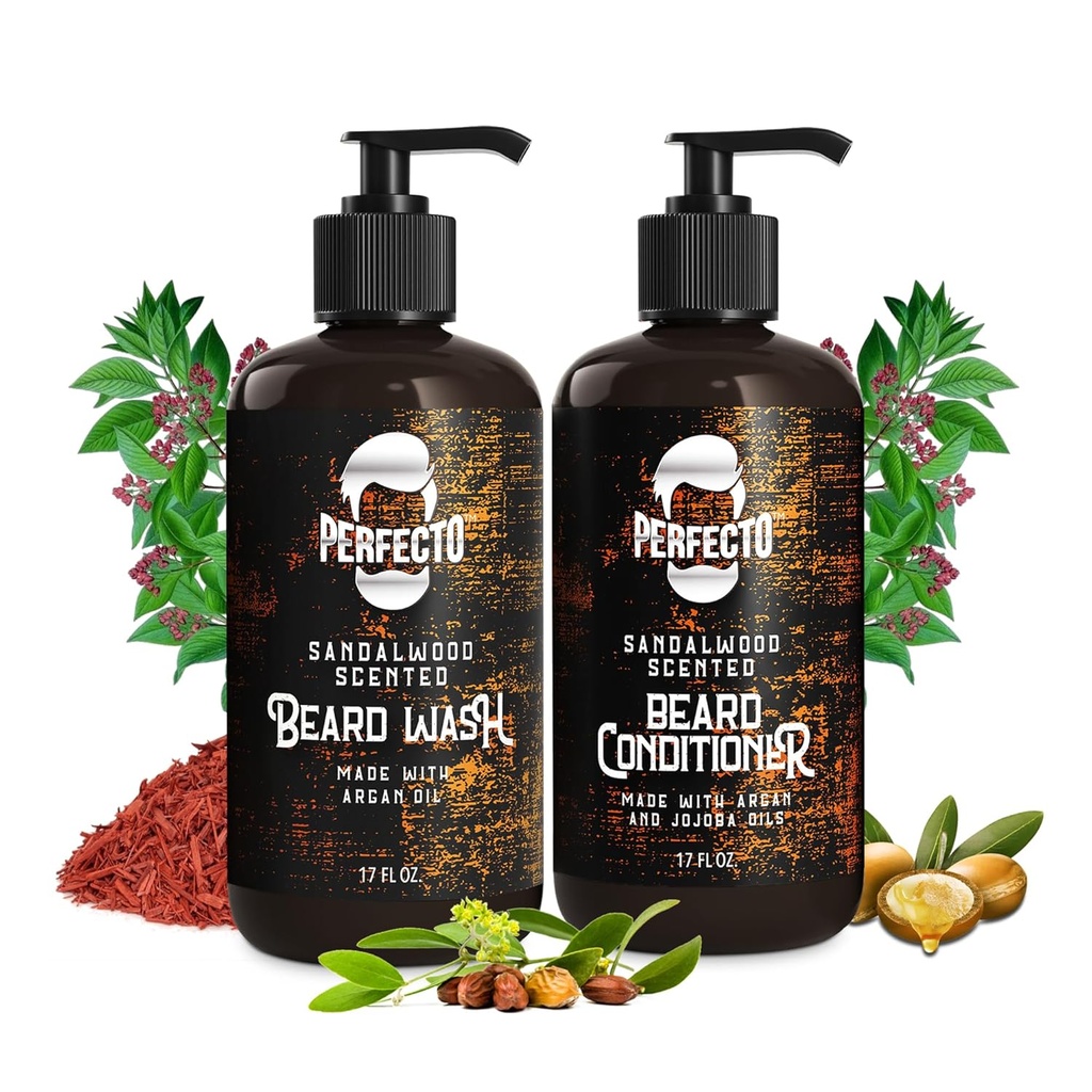 Perfecto Beard Vaske og Beard Conditioner Sett med Argan og Jojoba Olier - Styrker og Softens - Naturlig Sandalwood Scent