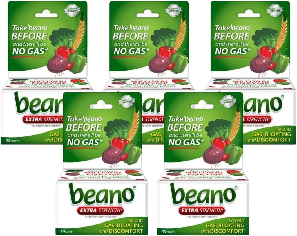 Beano ekstra styrke, gassforebygging og digestiv enzym kosttilskudd, 30 telle (pakke på 5)