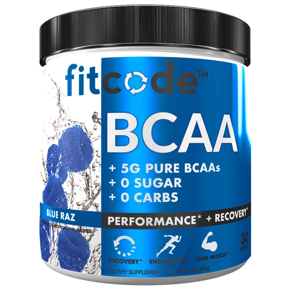Fitcode Ultra Premium BCAAs med 5G ren BCAAs med Proven 2:1:1 Forholdet mellom aminosyrer for å hjelpe post trening gjenoppretting, lean muskelvekst, utholdenhet, 30 serveringer (Blue Raz)