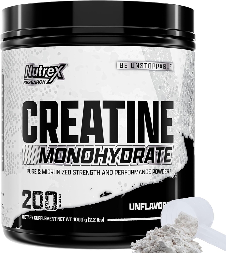 Nutrex forskning Mikronisert Kreatin Monohydrat pulver - 200 serveringer (1KG) ren, ikke-flavorert kreatinmonohydrat Supplement for muskel gevinst, styrke og ytelse, 5G Per Serv (2,2 lbs)