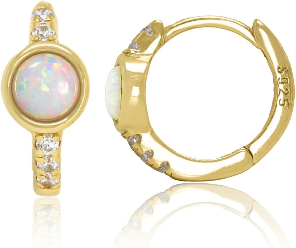 14K Gullbelagt 925 Sterling sølv opprettet hvit opal Huggie Hoop øredobber