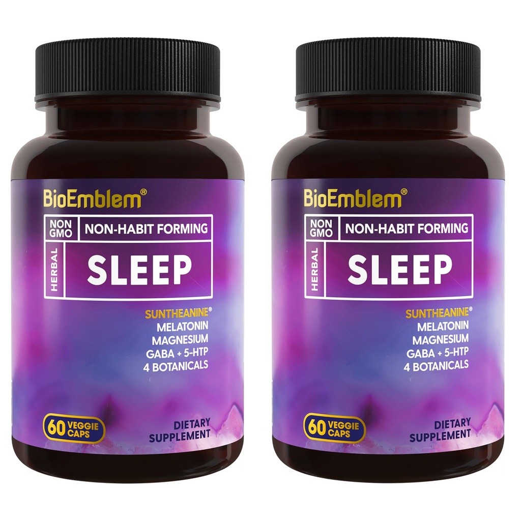 BioEmblem naturlig søvnhjelp for voksne med melatonin, valerisk rot, solteanin og mer | Sunn søvn supplement | Herbal sovepiller | 60 kapsler, 2 pakke