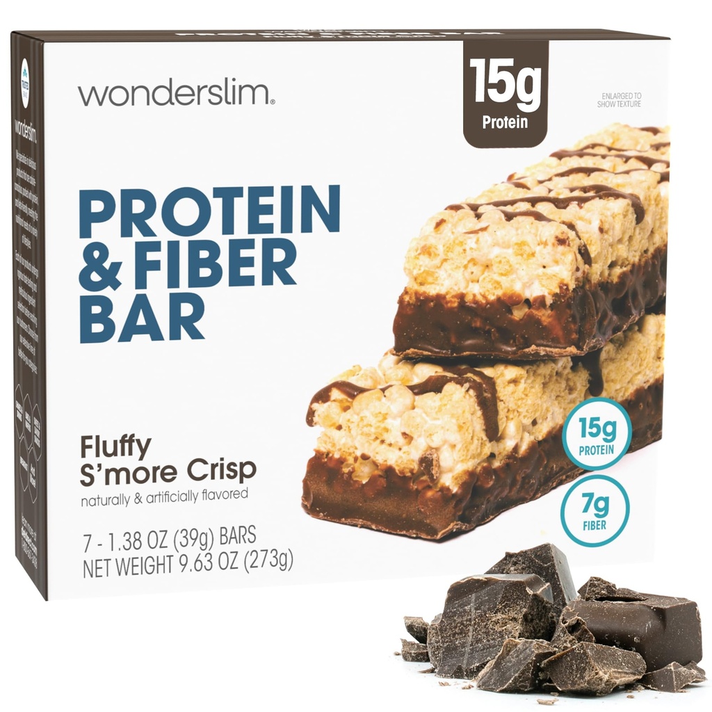 Wonderslim High Fiber Protein Bars, Fluffy S'more Crisp | 15g Protein, 8g Fiber | Lavt sukker, Lavt karbohydrat | Sunn Indulgence | Tilfredsstillende, støtter energi & On-the-Go Convenience, 7 Pakke