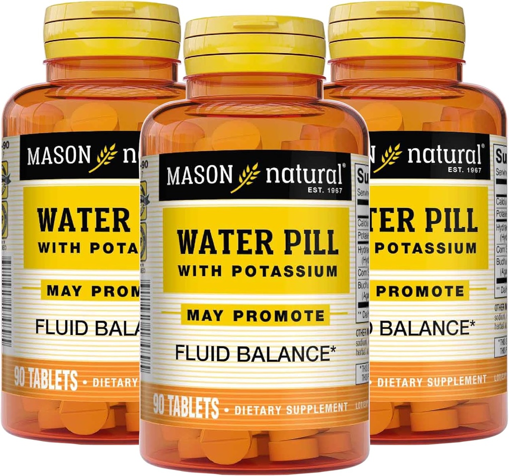 Mason naturlig vannpille med kalsium og kalsium - støtter flytende balanse, hjelper lindring og heving, naturlige diuretiske kosttilskudd, 90 tabletter (pakke med 3)
