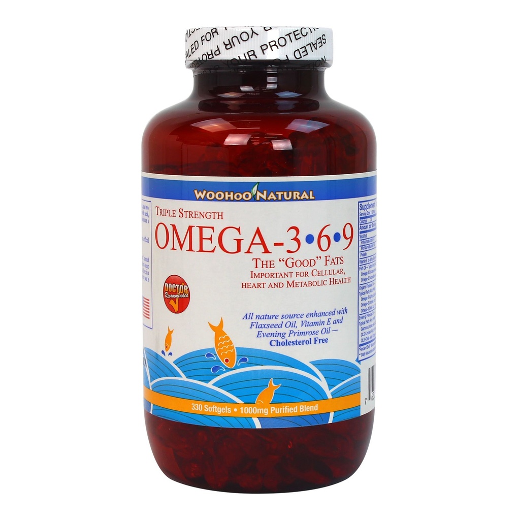 Woohoo naturlig trippel styrke kolesterol gratis omega 3 6 9 fiskeoljeformla 330 softgels (1)